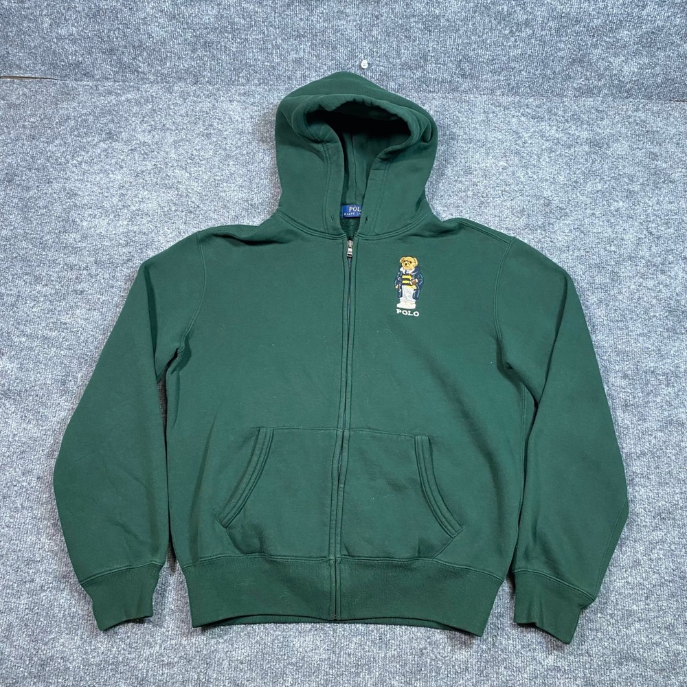 Polo Ralph Lauren Mens Green Polo Bear Football Full Zip Hoodie Medium M